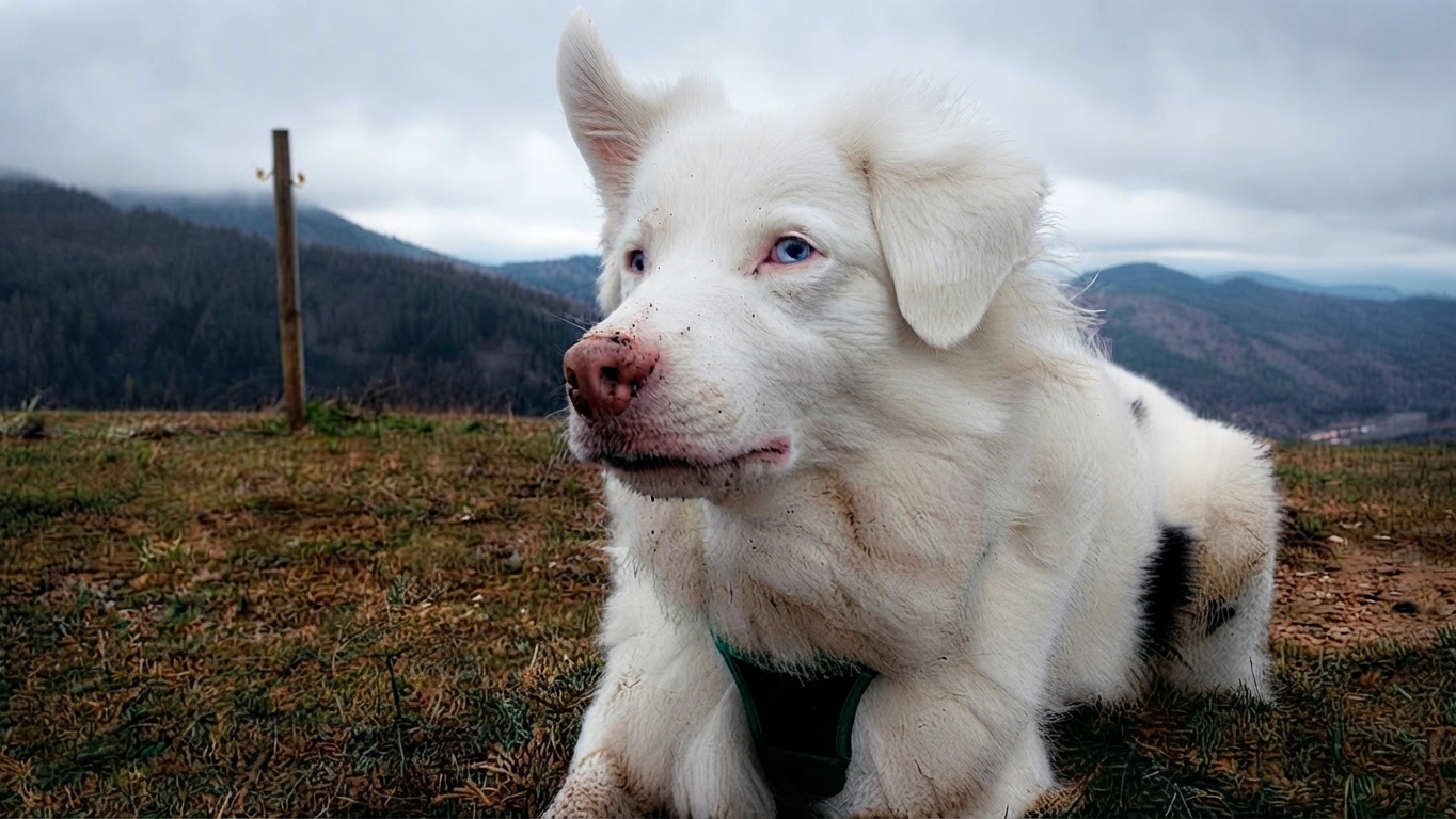 Un chien blanc et noir allongé en pleine nature