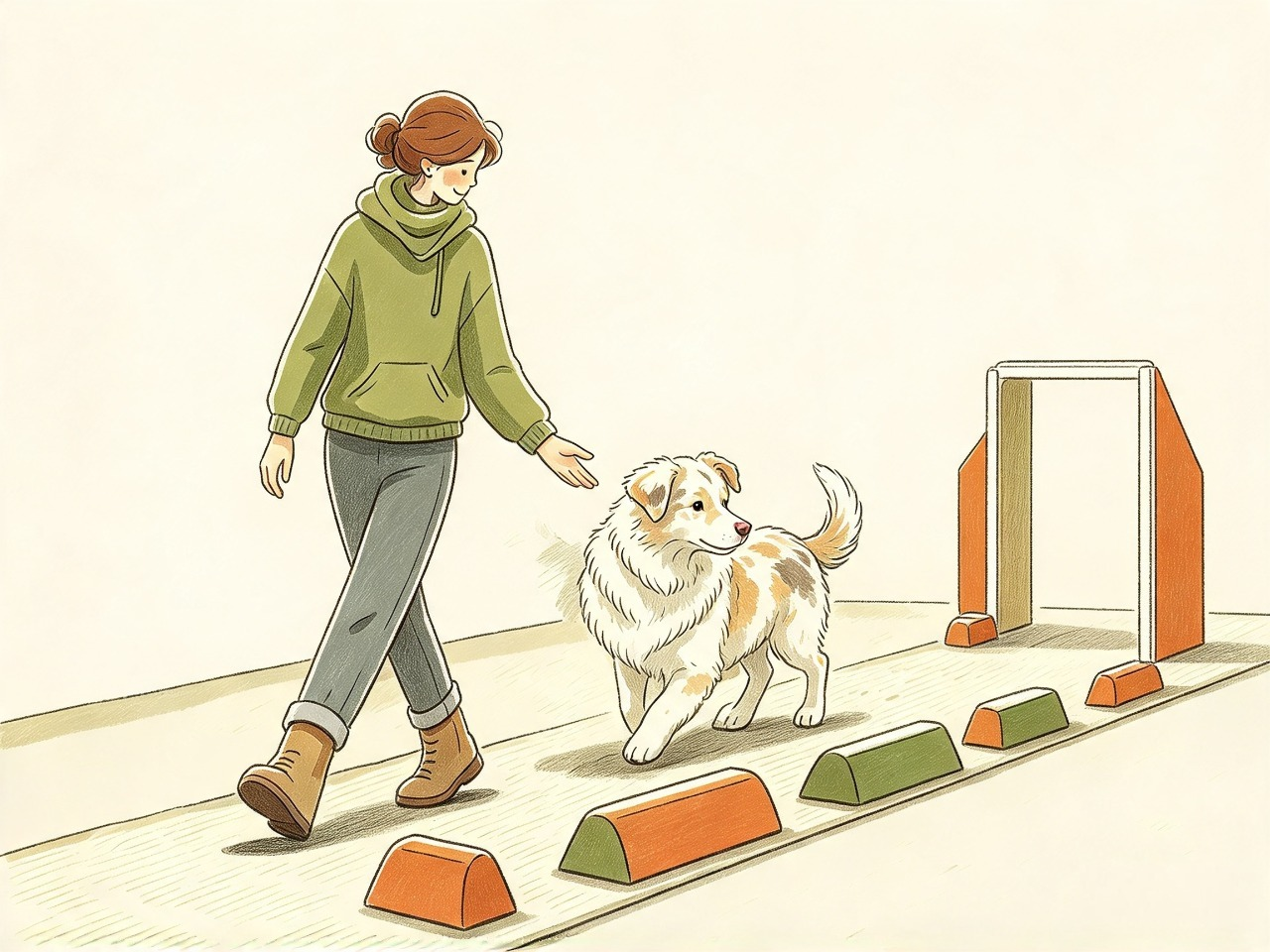 Une personne accompagne son chien sur un parcours d’agility avec des obstacles bas et un cadre de saut.