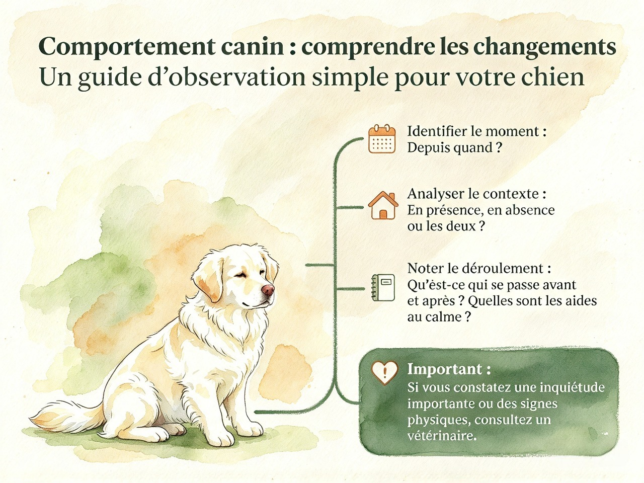 Infographie d’observation des changements de comportement du chien : repérer depuis quand ils apparaissent, analyser s’ils surviennent en présence ou en absence, noter ce qui se passe avant et après, et consulter un vétérinaire en cas d’inquiétude importante ou de signes physiques.