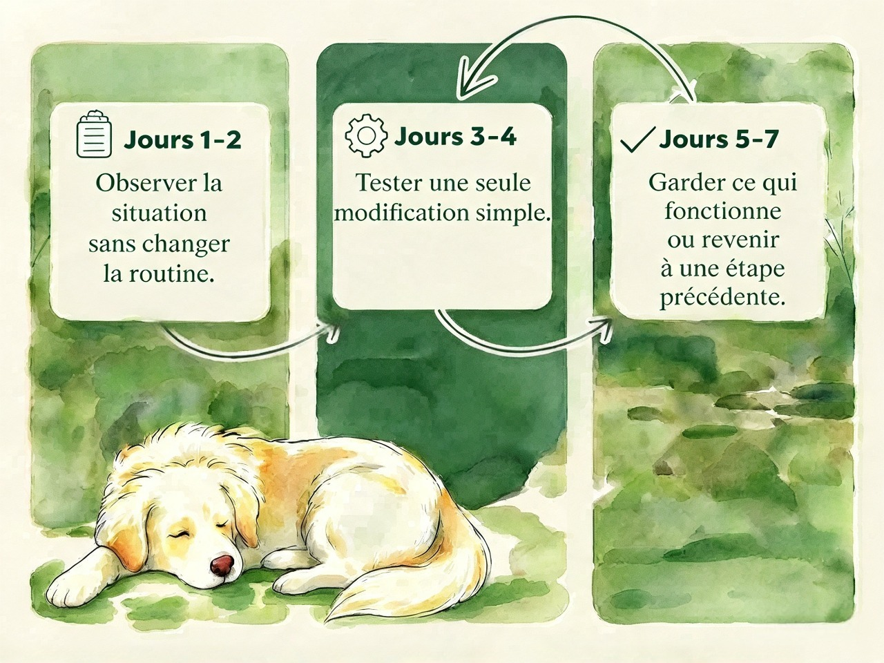 Infographie en trois étapes : observer la situation sans changer la routine pendant les jours 1 et 2, tester une seule modification pendant les jours 3 et 4, puis garder ce qui semble aider ou revenir à l’étape précédente pendant les jours 5 à 7.