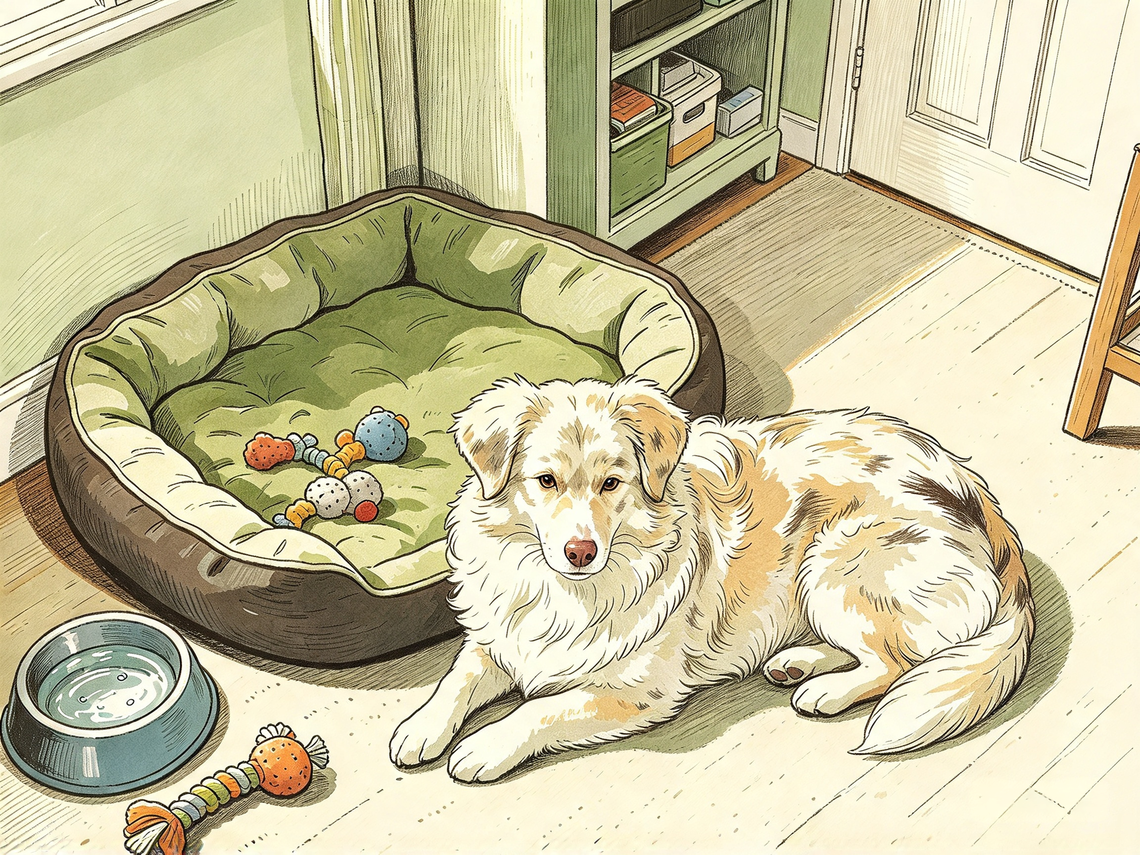 Un chien repose dans un coin calme près de son couchage, avec une gamelle d’eau et quelques jouets familiers.