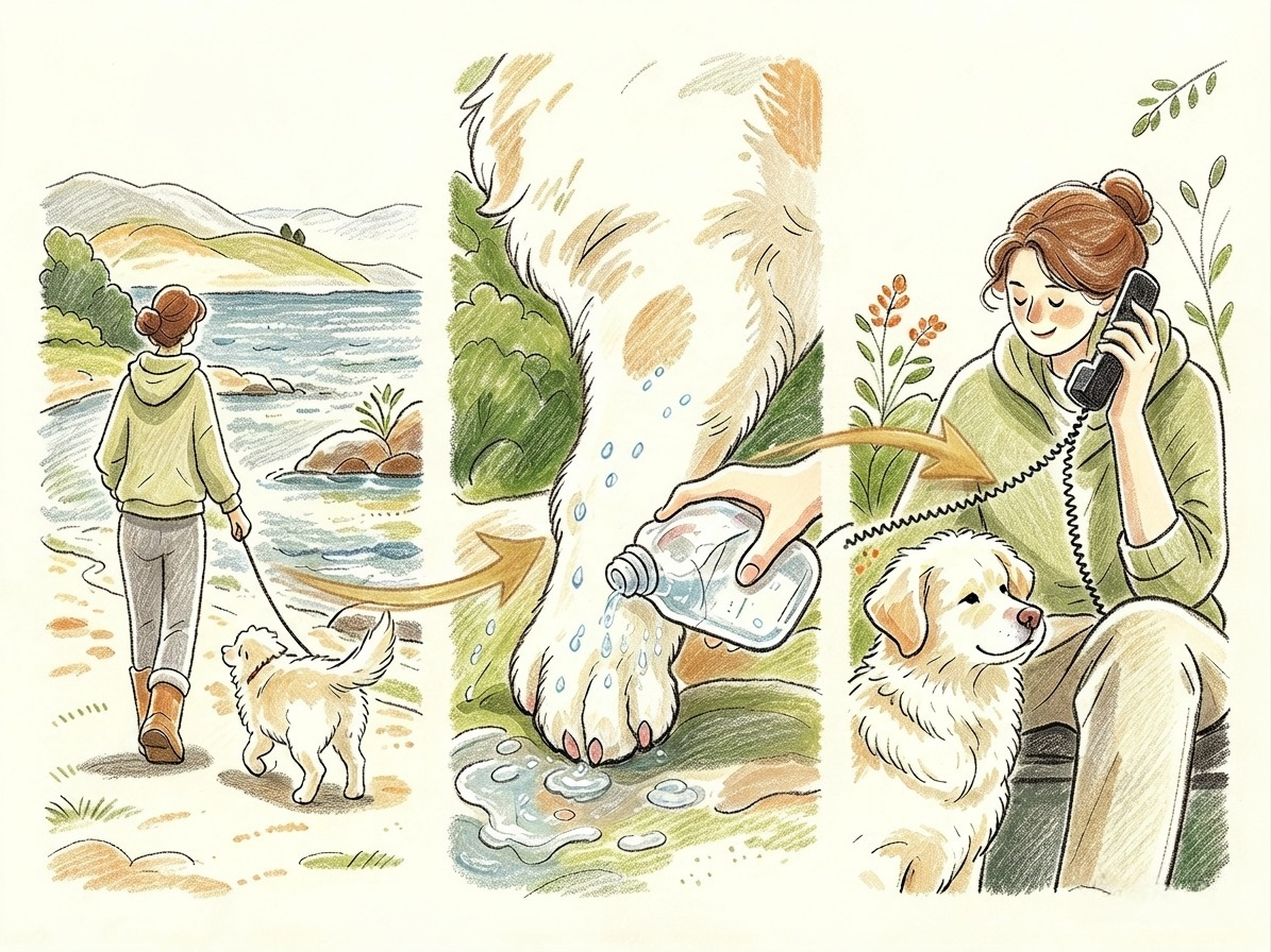 Infographie en trois scènes : une personne éloigne son chien de la rive, rince une patte mouillée avec de l’eau propre, puis appelle un vétérinaire avec son chien à ses côtés.