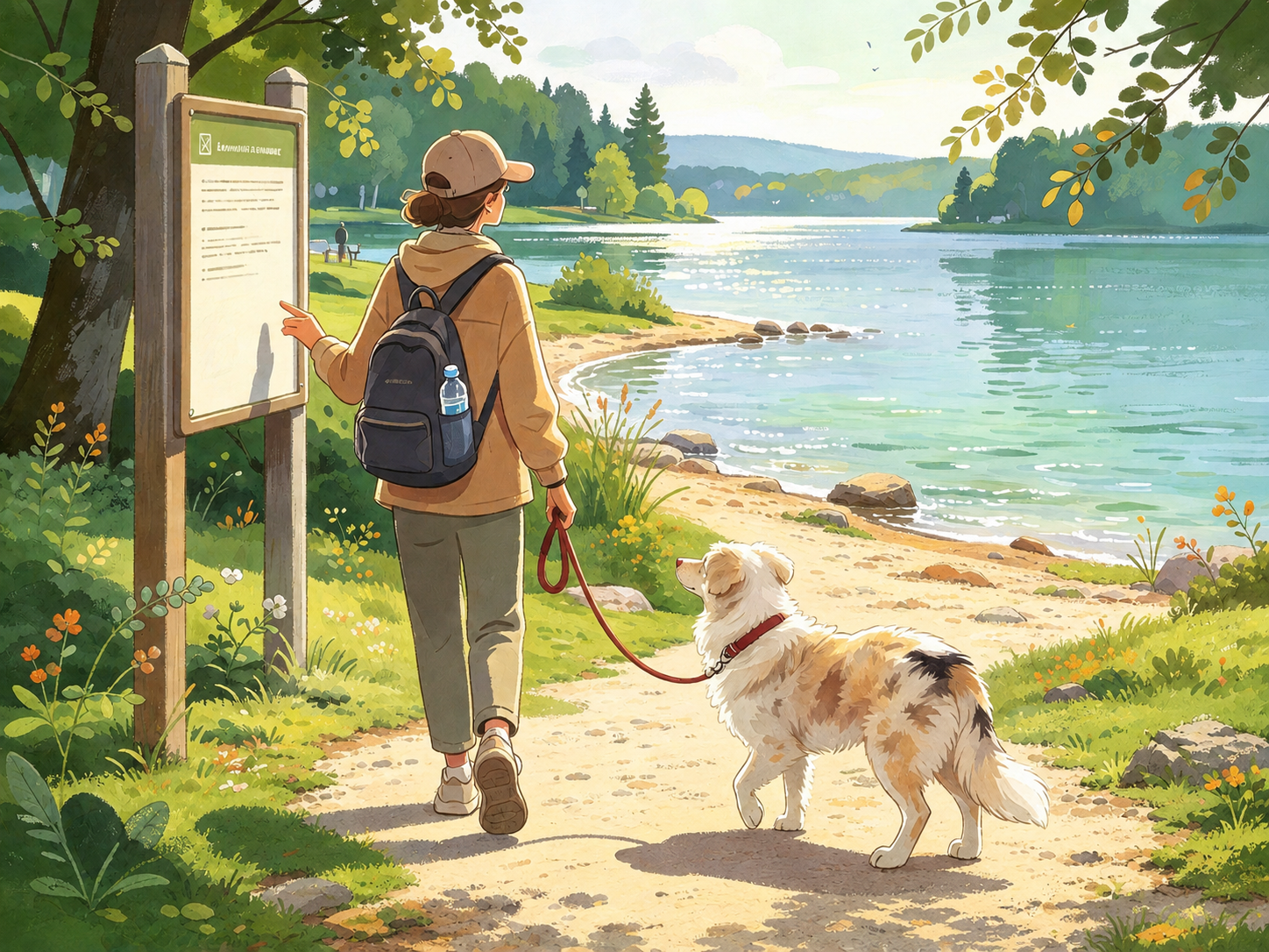 Une personne consulte un panneau au bord d’un lac tandis que son chien reste en laisse sur le sentier; une bouteille d’eau est rangée dans son sac.