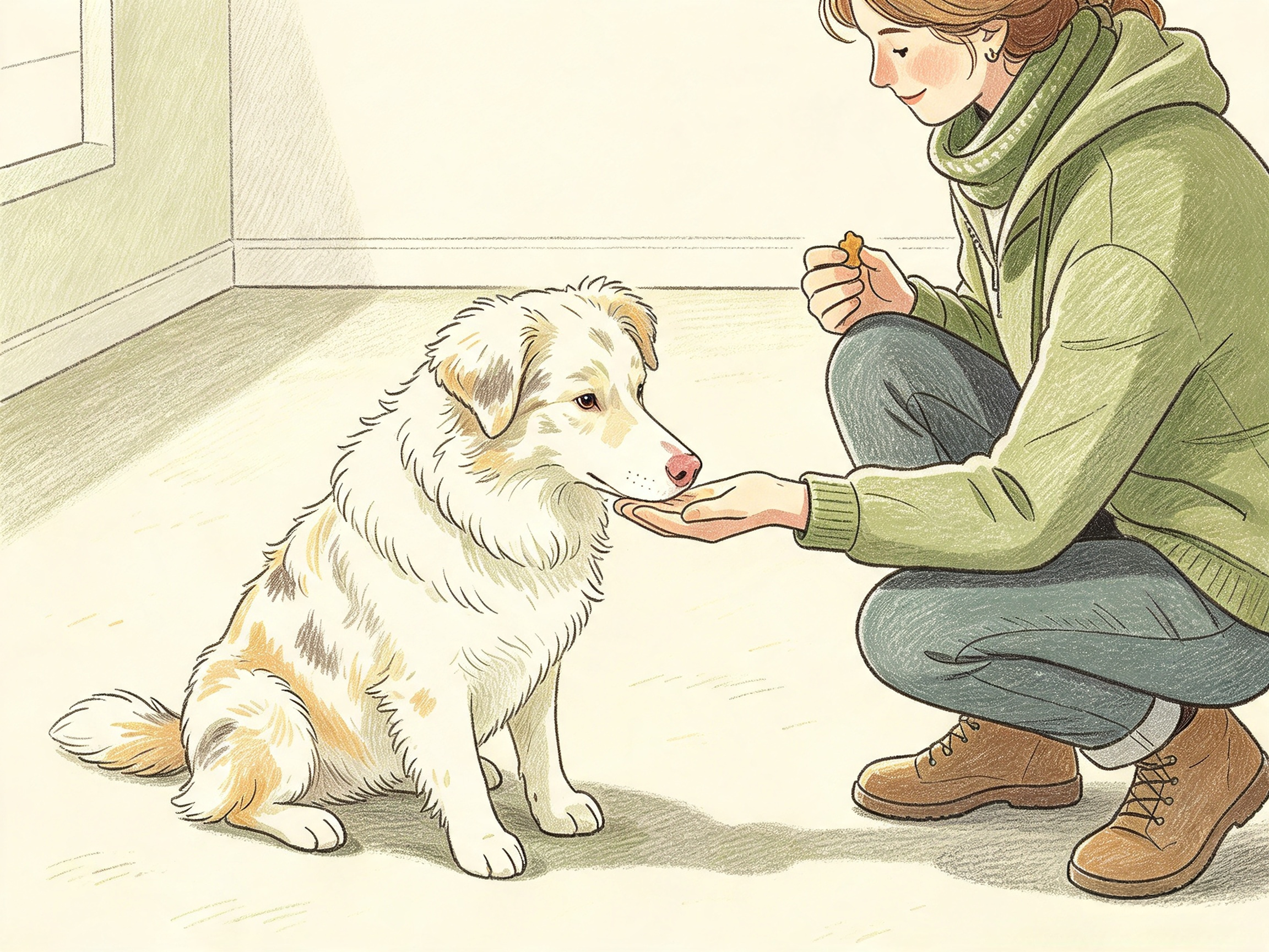 Un chien assis touche du museau la paume ouverte d’une personne accroupie, qui tient une petite récompense dans l’autre main.