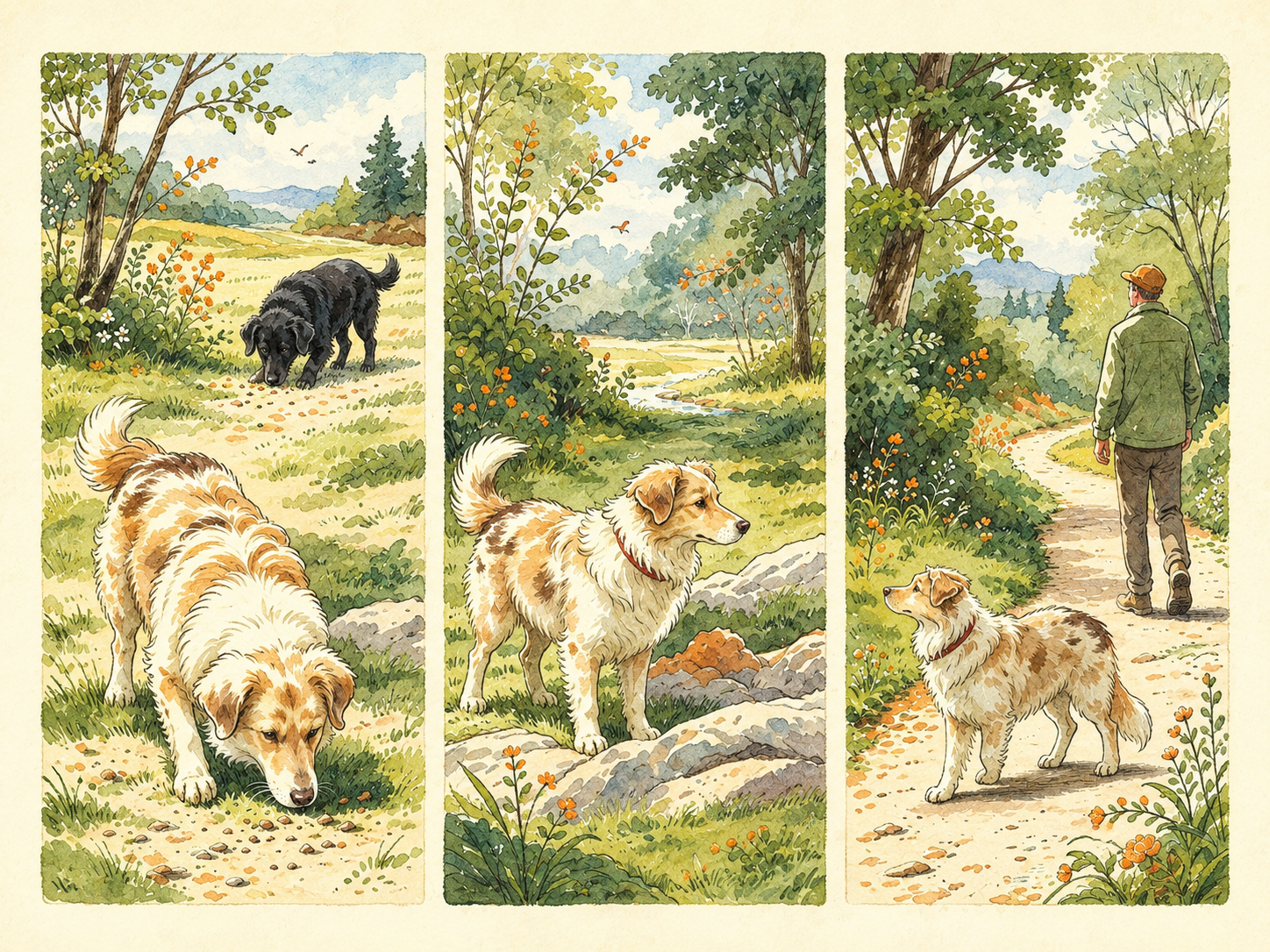 Triptyque montrant un chien qui renifle près d’un autre chien au loin, qui s’interrompt lorsque la situation évolue, puis son humain qui prend une trajectoire plus large.