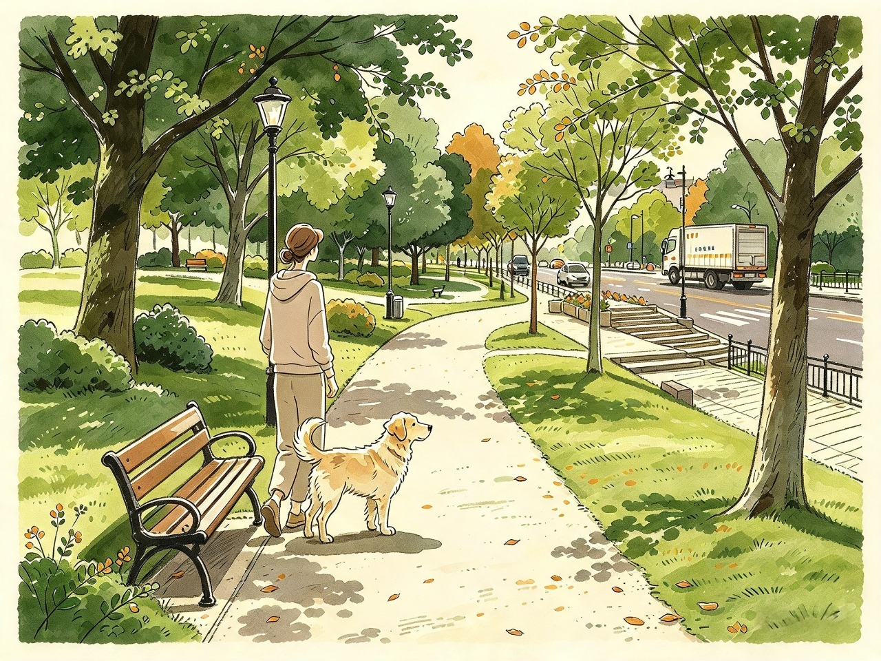 Un chien accompagné par son humain se tient sur un chemin de parc calme, près d’une rue plus passante où circulent des voitures et un camion.